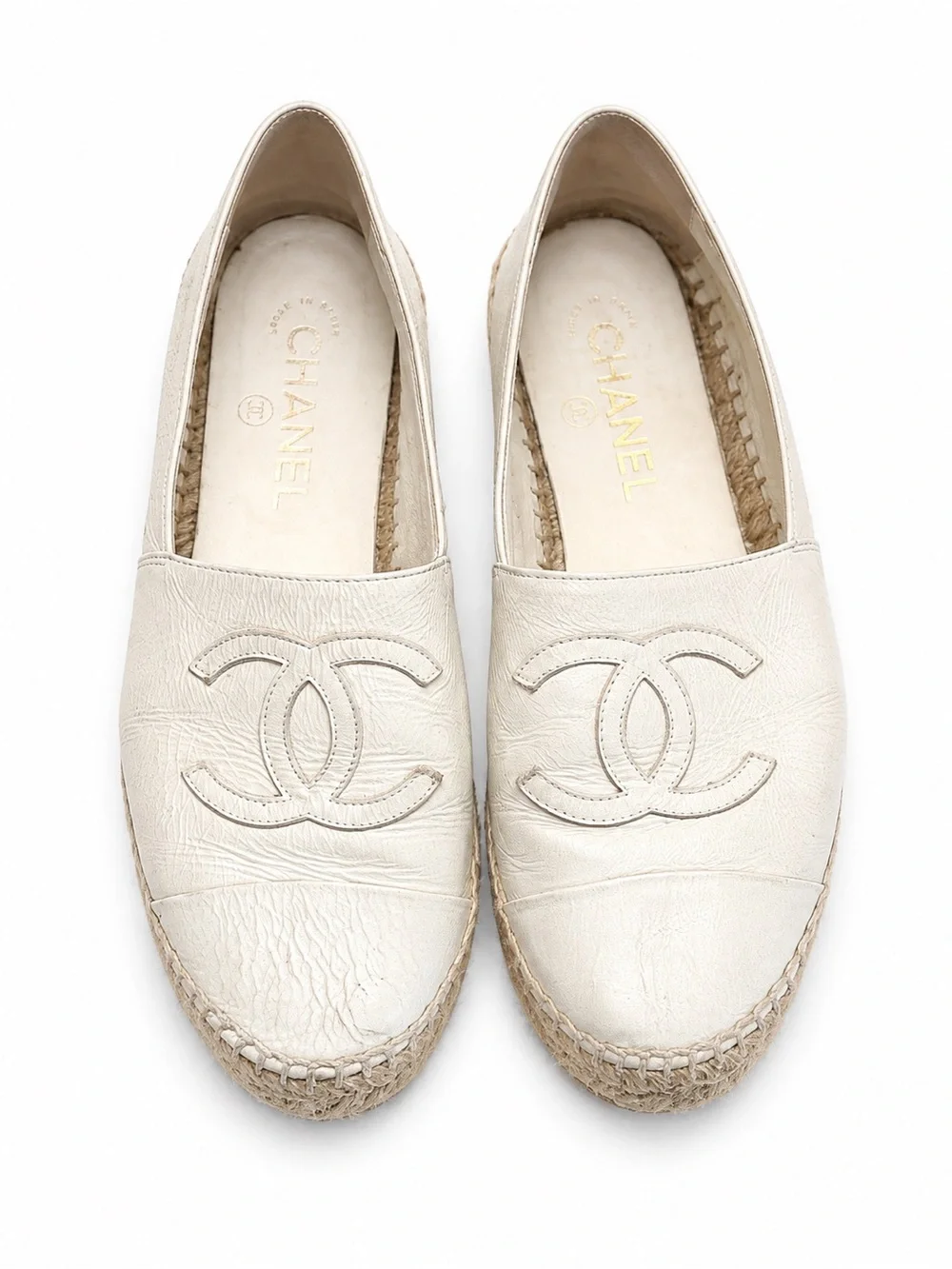 Chanel White Leather CC Logo Espadrilles Flats Size 38